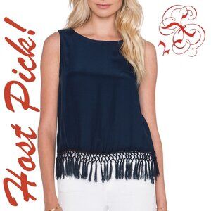 Amour Vert NEW Silk Tank Top Fringed Blouse Navy NWT Women's L🎉HP🎉